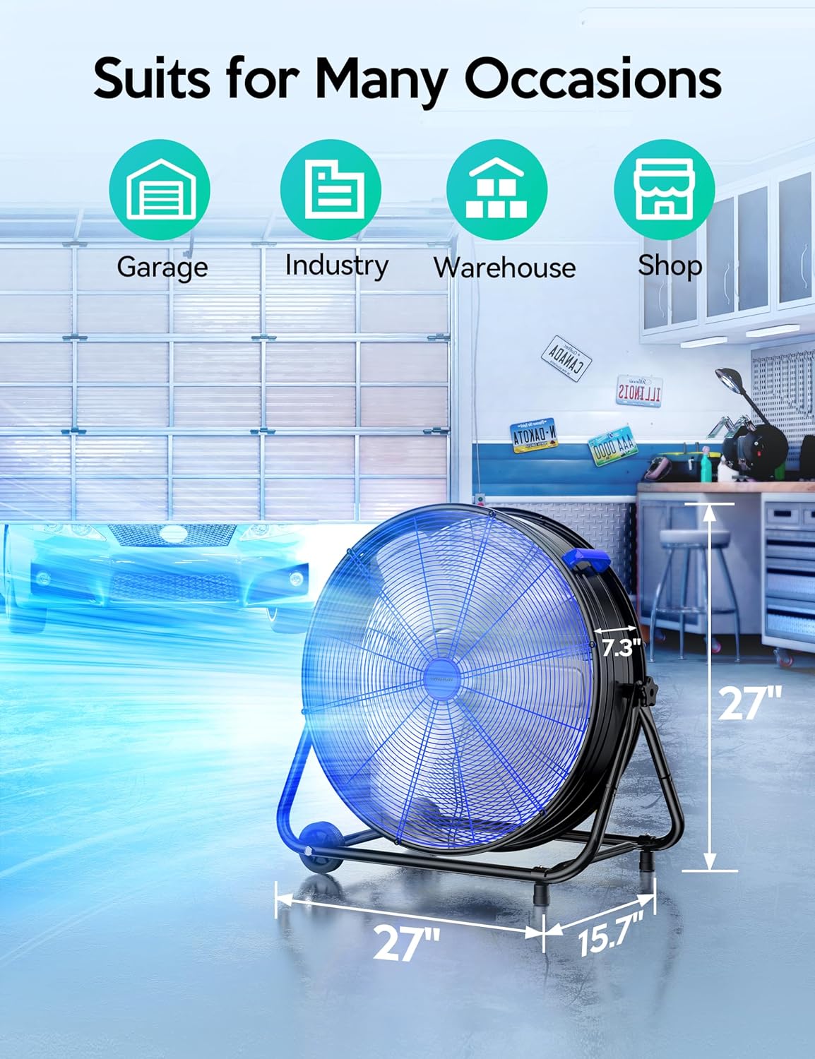 VAGKRI Ventilador Industrial de Tambor de 24 Pulgadas, Ventilador de Piso de Alta Velocidad de 320W, Circulador de Aire Metálico de 3 Velocidades para Trabajo Pesado, Inclinación de 360° con Mango