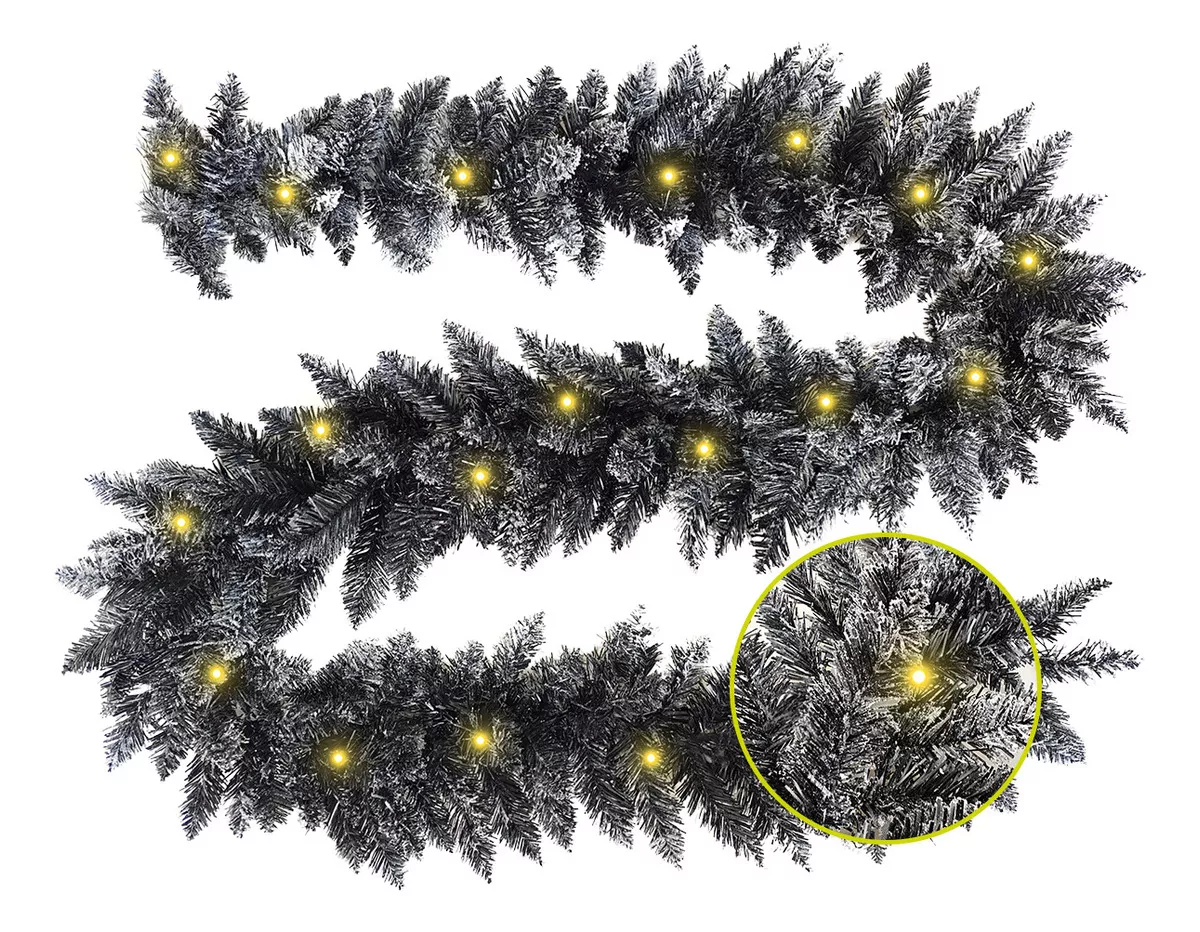 Guirnalda De Navidad Shadow Decorativa Navideña 270cm Con Luces Led Semi Nevada Color Negro Natural Decoración Realista Chimeneas Escaleras Repisa Pared Christmas Garland With Lights