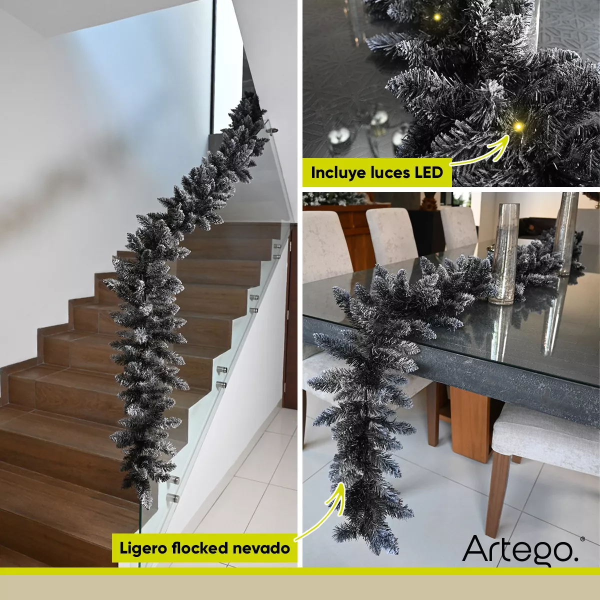 Guirnalda De Navidad Shadow Decorativa Navideña 270cm Con Luces Led Semi Nevada Color Negro Natural Decoración Realista Chimeneas Escaleras Repisa Pared Christmas Garland With Lights