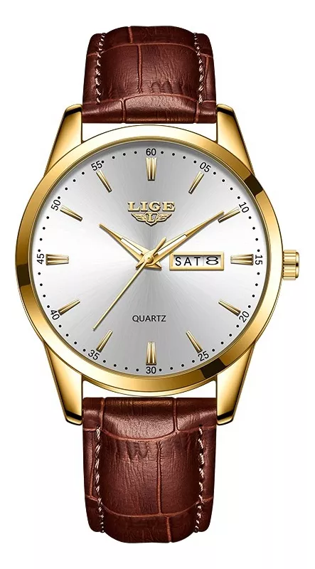 Reloj De Cuarzo Hombre Lige LG8970 Pulsera De Cuero Correa Marrón Bisel Dorado Fondo Blanco Quartz 3 ATM 22mm Anchura Wristwatch
