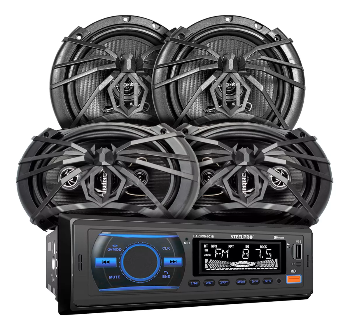 Kit Autoestereo Steelpro Bluetooth Y Bocinas 6x9 Bocinas 6.5