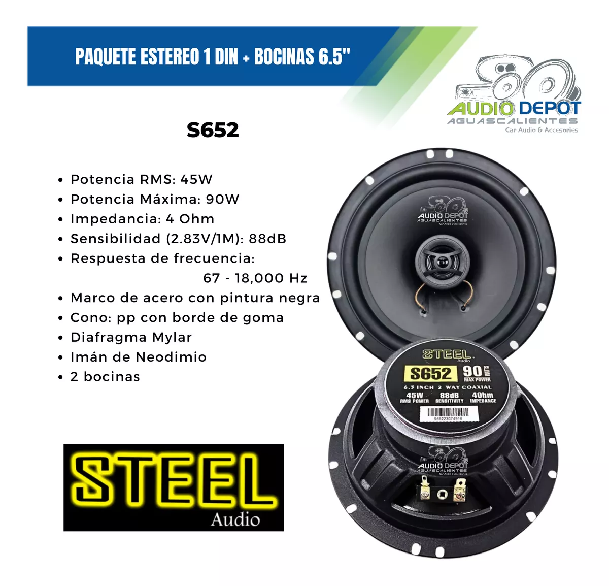 Paquete Estéreo 1 Din Pioneer Con Bocinas 6.5 PuLG Steel