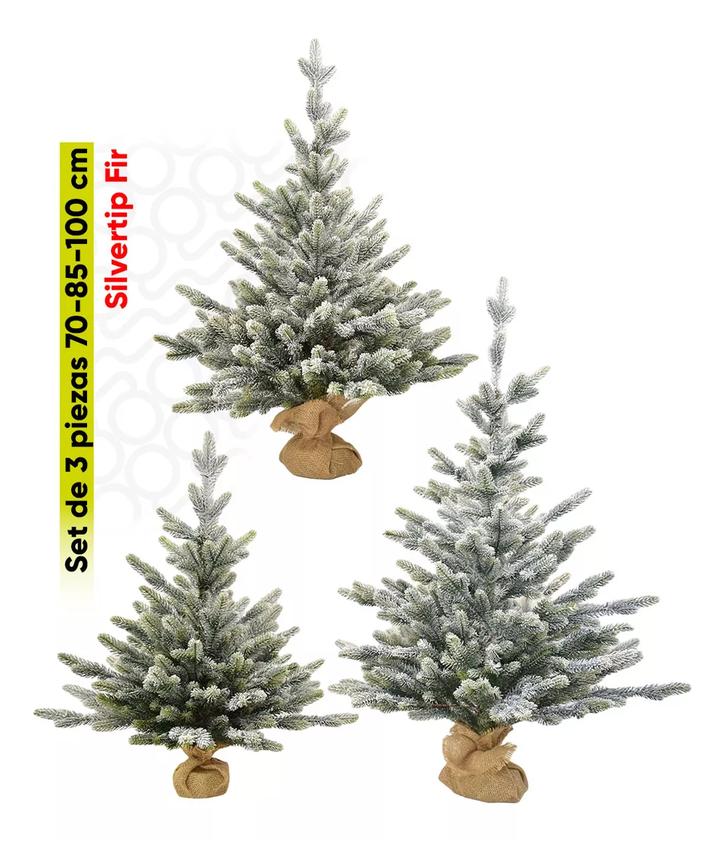 Árboles De Navidad Set De 3 Piezas (70-85-100cm) Silvertip Fir Ramas Premium Material Polietileno (pe) Pino Navideño Con Base De Morral Set Christmas Trees Decoración Navideña Centro De Mesa Artego