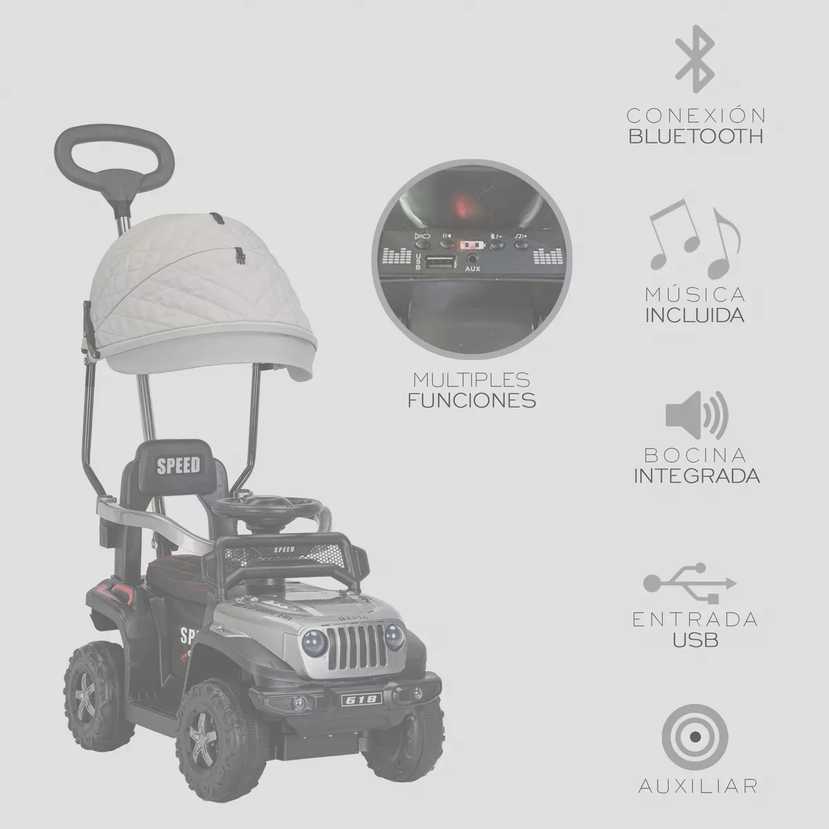 Carrito Montable Sombrilla Push Car Luces Y Sonido Niño
