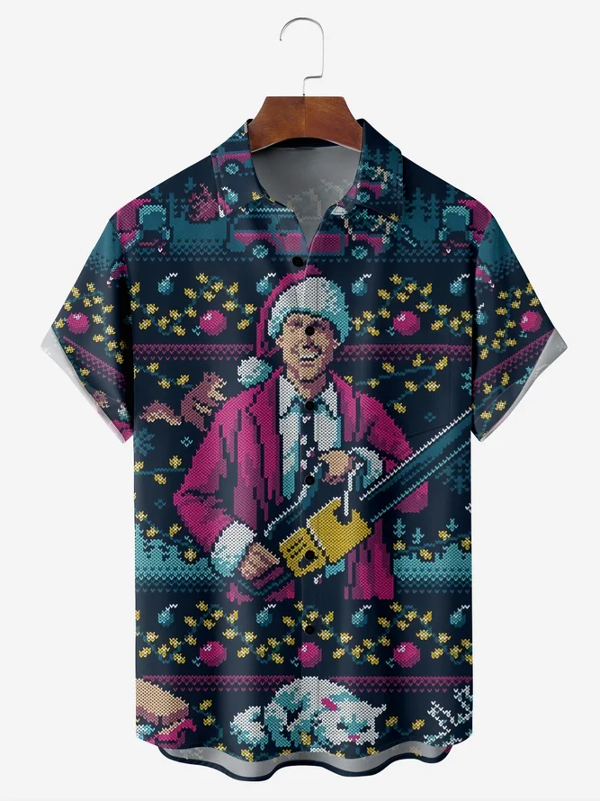 Christmas Chest Pocket Short Sleeve Casual Shirt