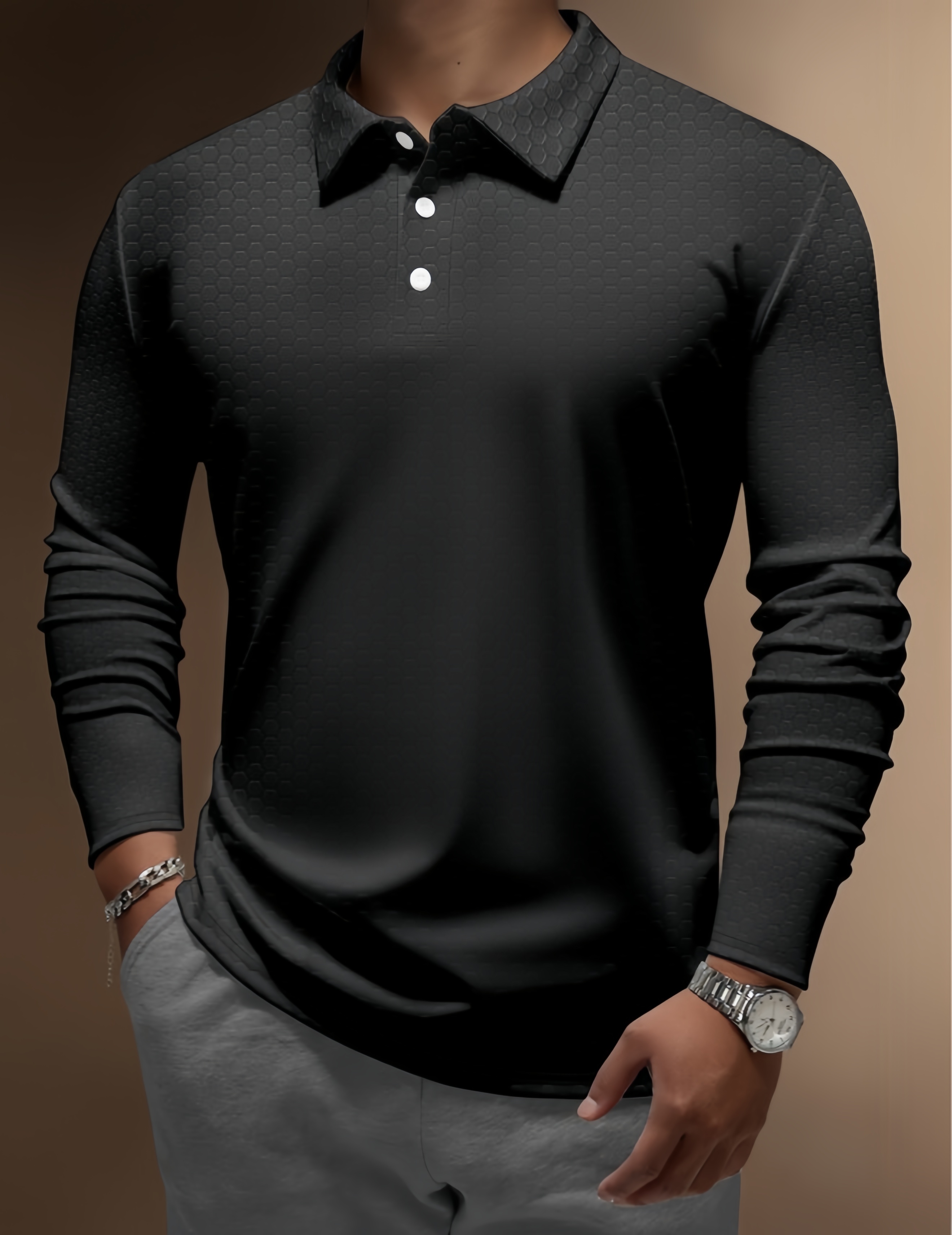 Gradient Hexagon Geometric Buttons Long Sleeve Polo