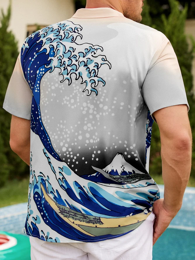Mens Japanese Ukiyoe Wave Print Casual Breathable Chest Pocket Short Sleeve Hawaiian Shirt