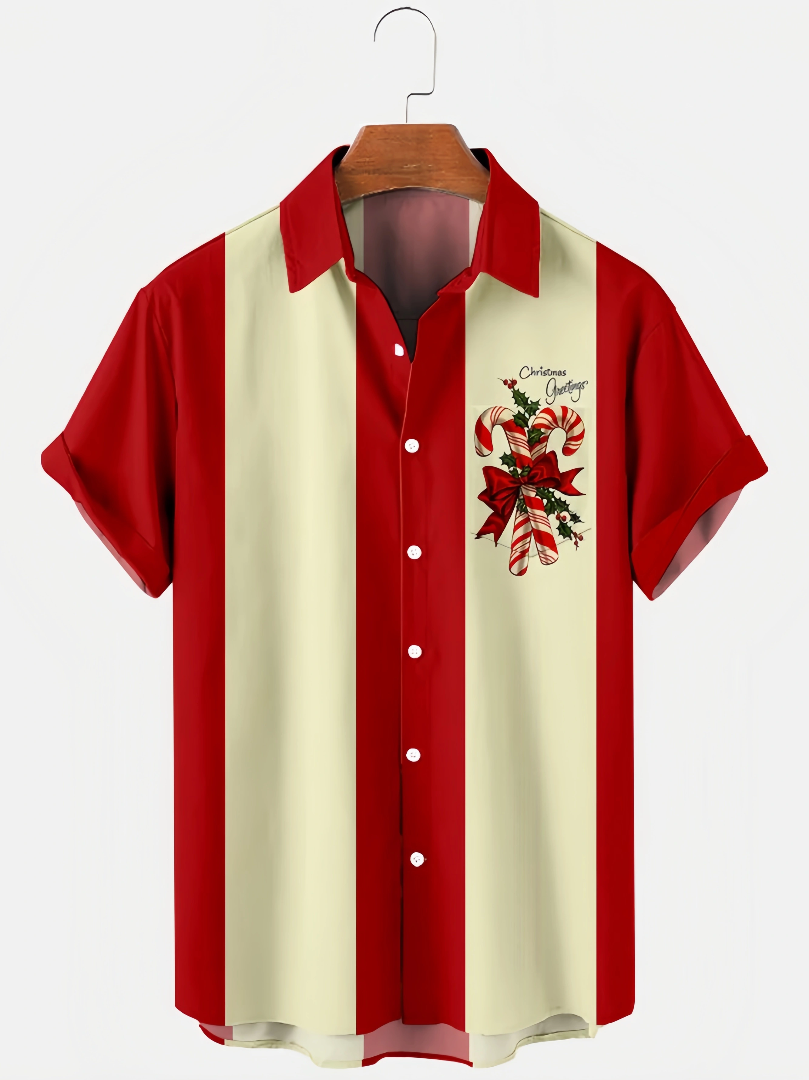 Mens Christmas Candy Cane Printed Casual Breathable Short Sleeve Shirt
