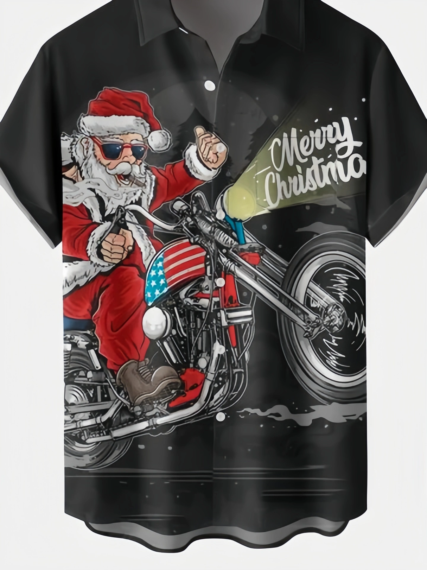 Men's Santa Print Casual Short Sleeve Shirt with Breast Pocket