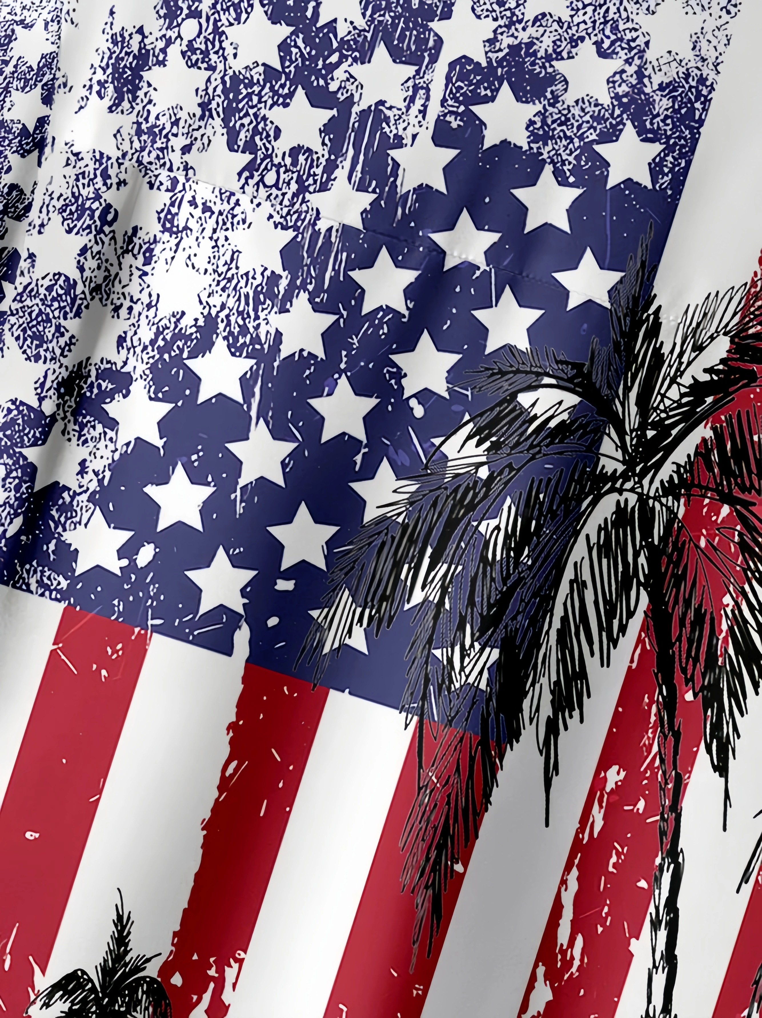 Flag Coconut Tree Chest Pocket Short Sleeve Casual Shirt