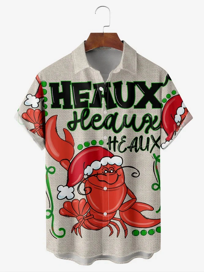 Christmas Lobster Chest Pocket Short Sleeve Casual Shirt