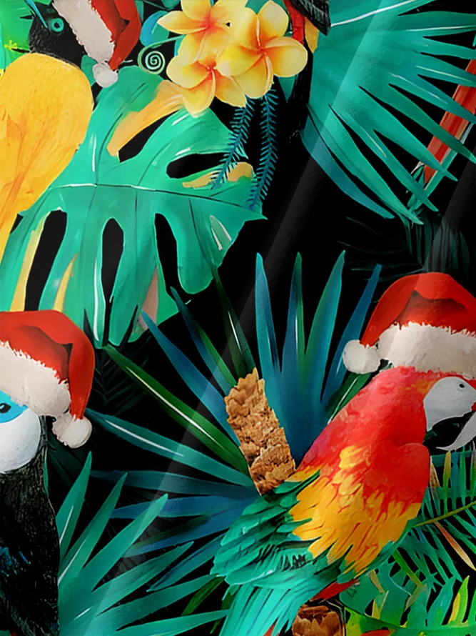 Christmas Parrot Chest Pocket Short Sleeve Hawaiian Shirt