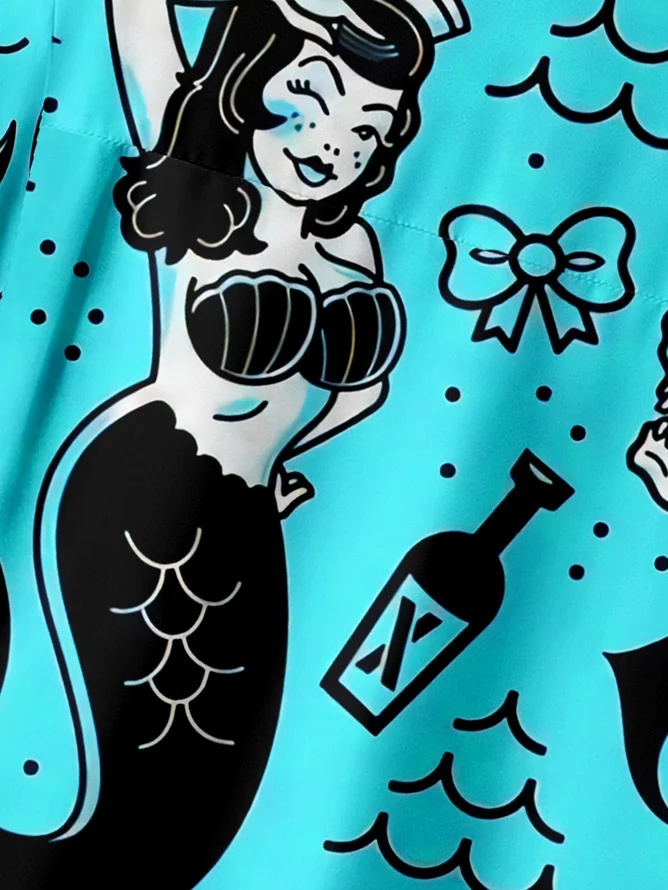 Mermaid Chest Pocket Short Sleeve Hawaiian Shirt