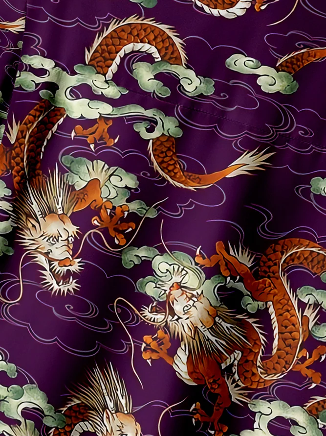The Year Of Dragon Purple Chest Pocket Short Sleeve Hawaiian Men's Shirt