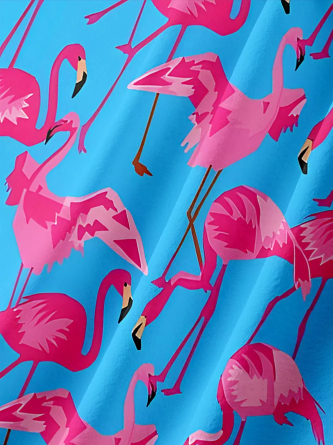 Tropical Animal Flamingo Chest Pocket Short Sleeve Hawaiian Shirt