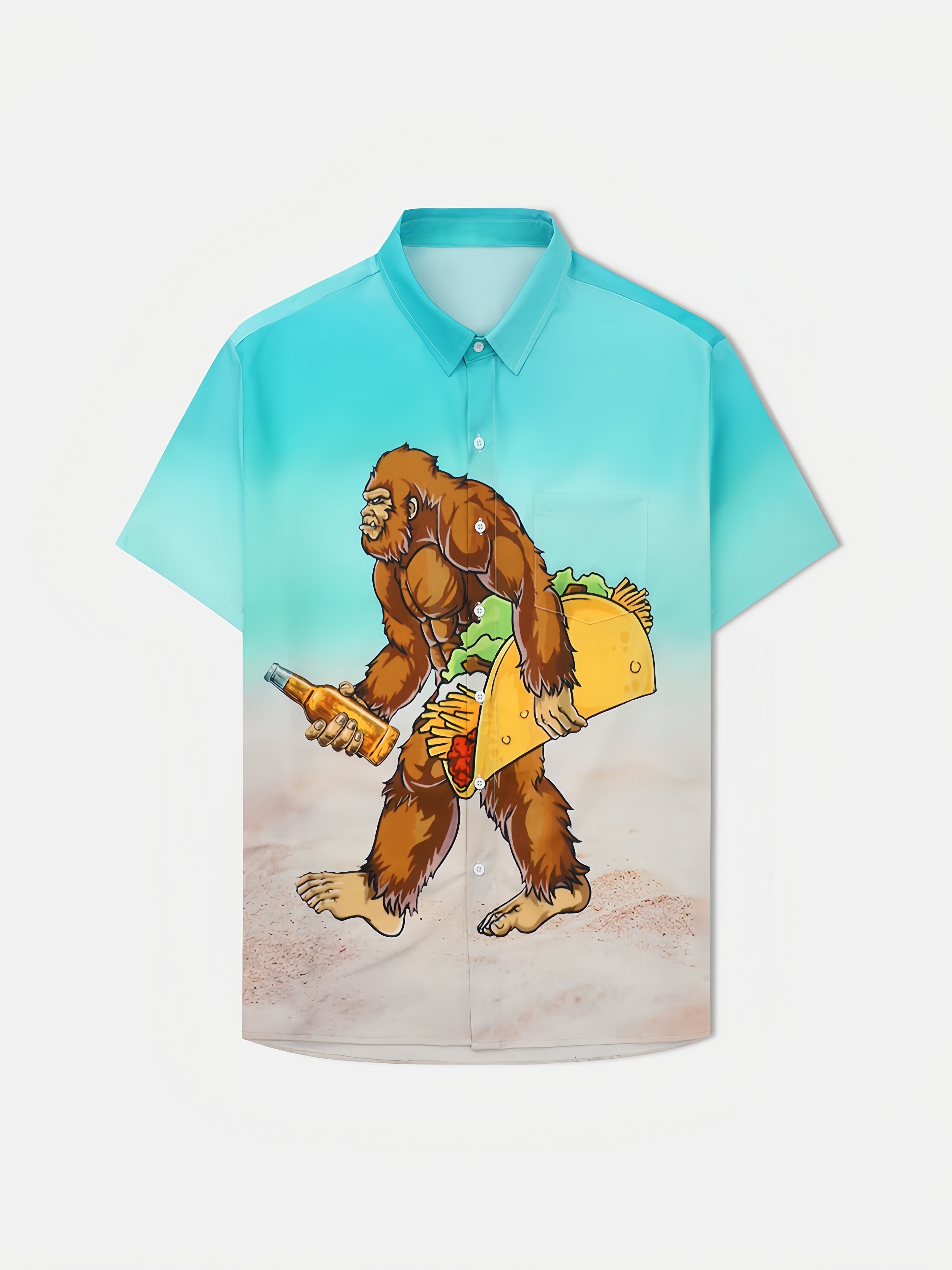 Gorilla Carrying Taco And Beer Chest Pocket Short Sleeve Casual Shirt