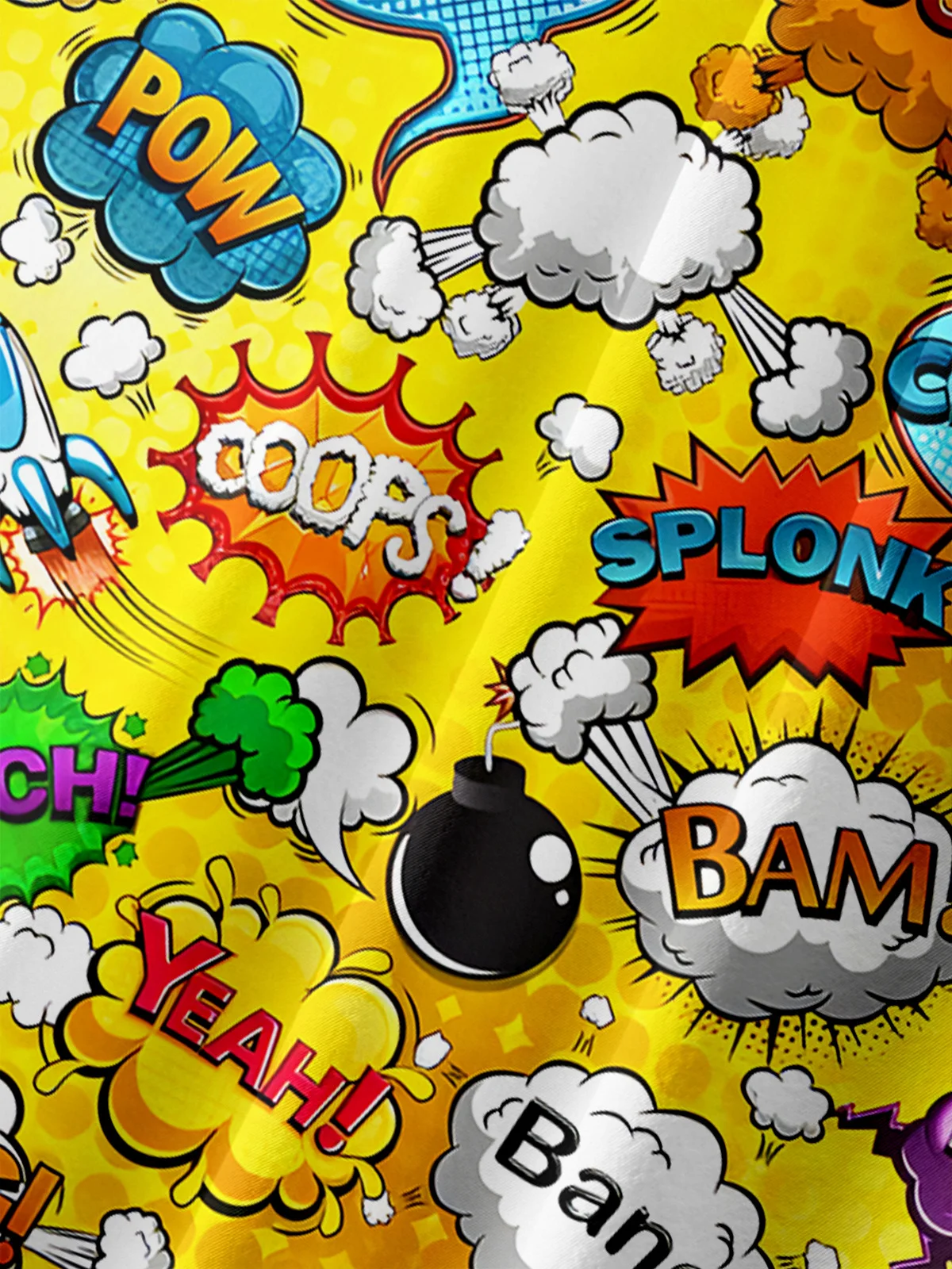 Abstract Letter Chest Pocket Short Sleeve Casual Shirt