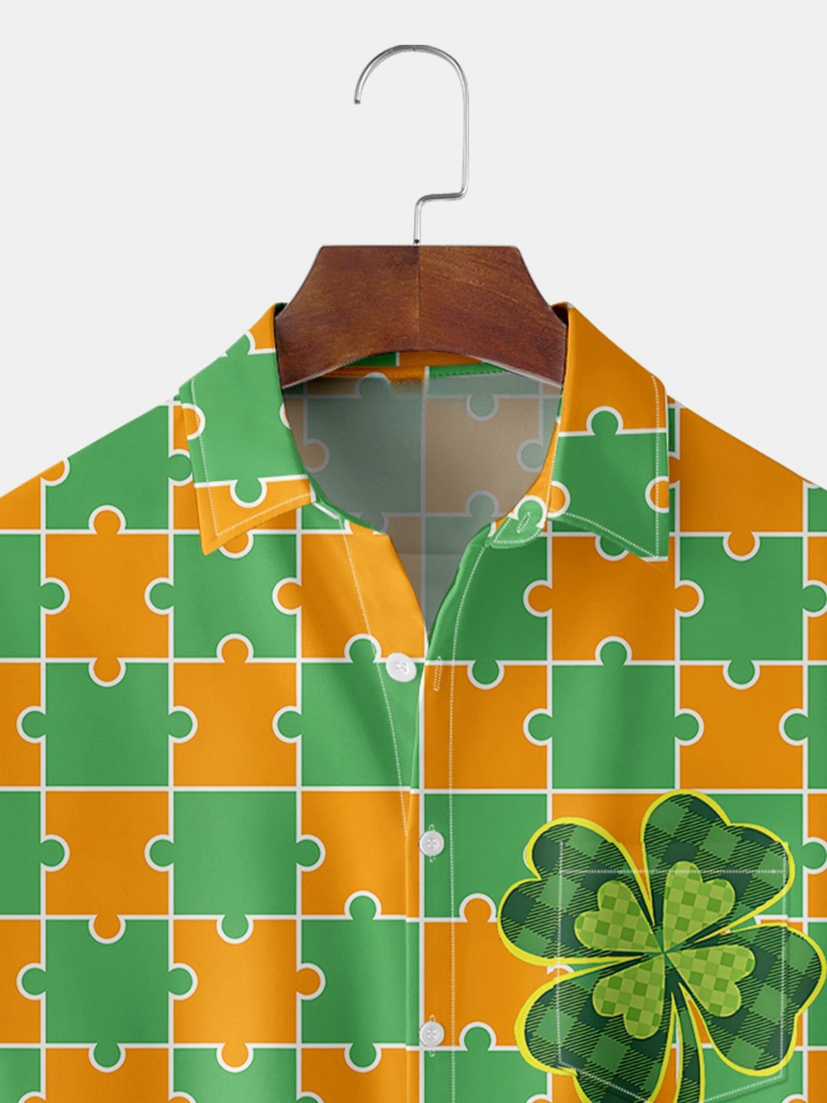 St. Patrick's Day Clover Chest Pocket Short Sleeve Casual Shirt