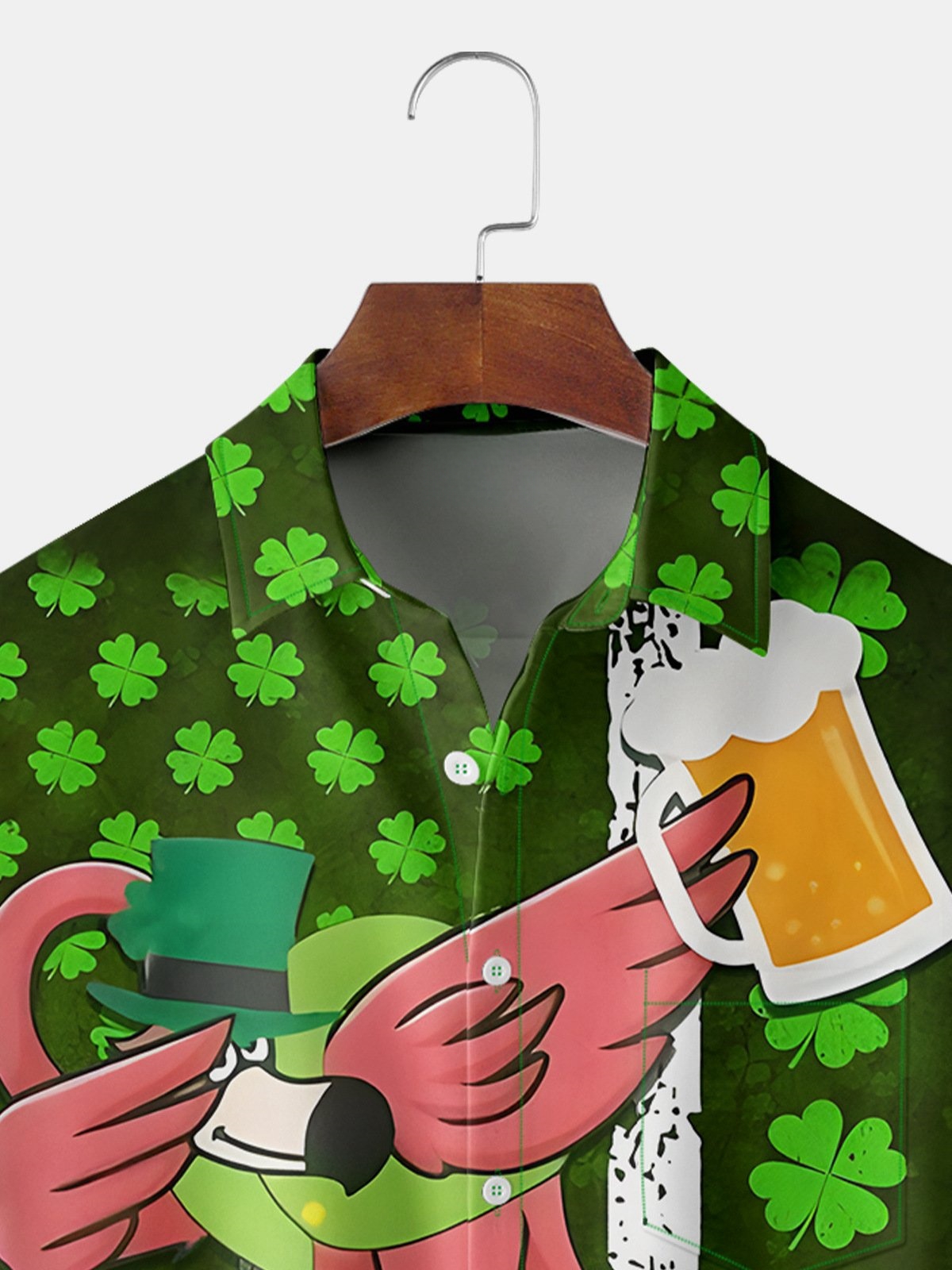St. Patrick's Day Flamingo Chest Pocket Short Sleeve Casual Shirt