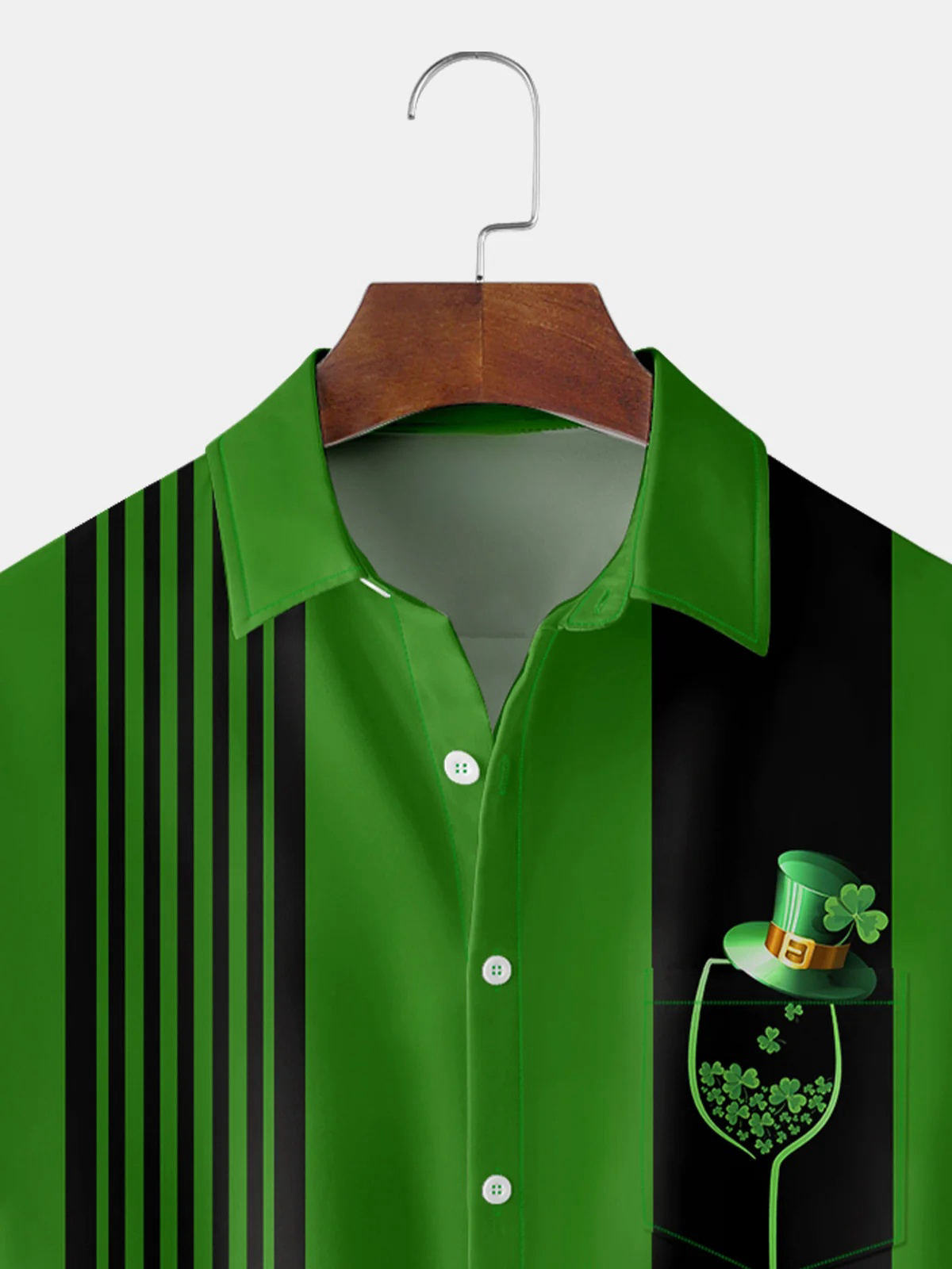Clover Wine Glass Chest Pocket Short Sleeve Bowling Shirt