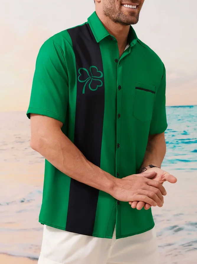 St. Patrick's Day Shamrock Chest Pocket Short Sleeve Bowling Shirt