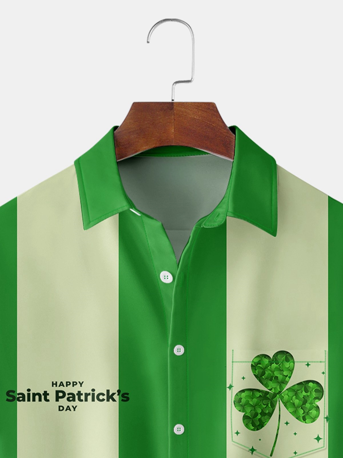 St. Patrick's Day Shamrock Chest Pocket Short Sleeve Bowling Shirt