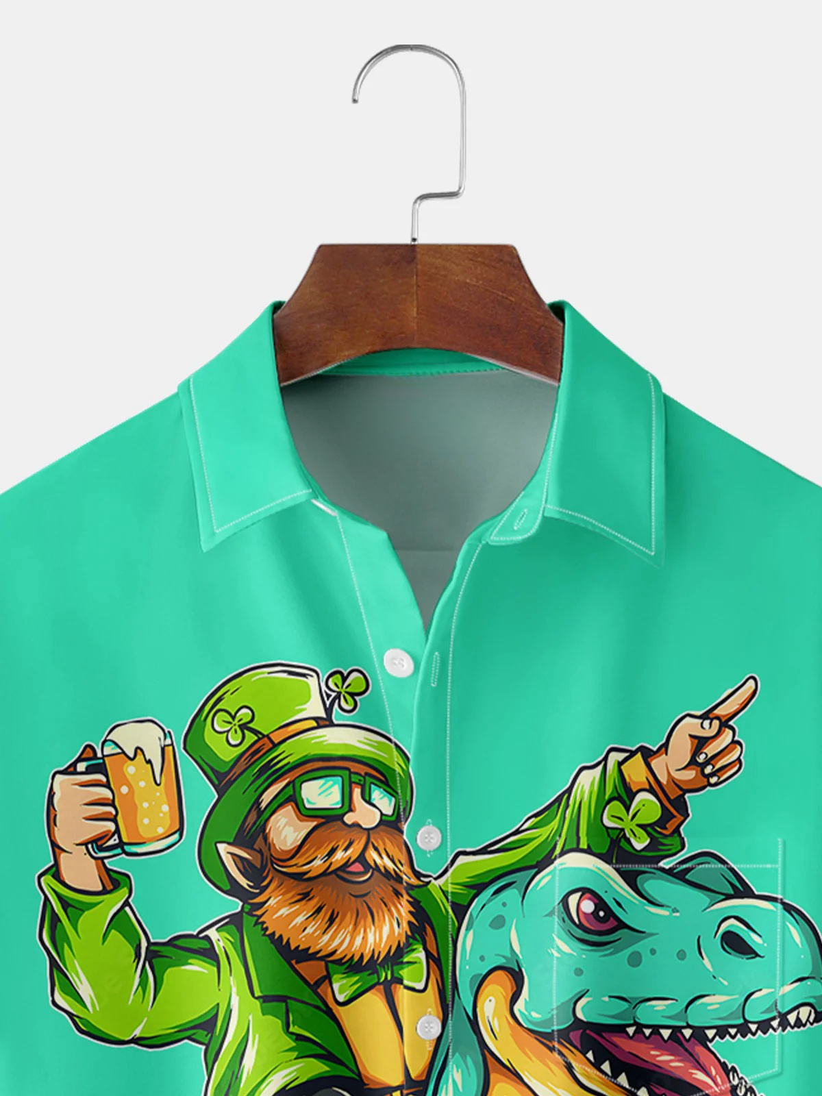 St. Patrick's Day Dinosaur Chest Pocket Short Sleeve Casual Shirt