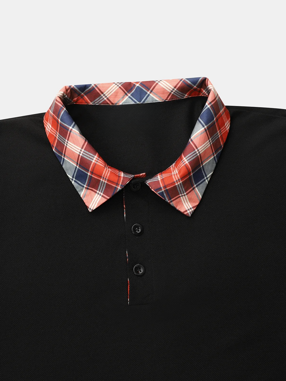 Contrast Plaid Button Long Sleeve Polo Shirt