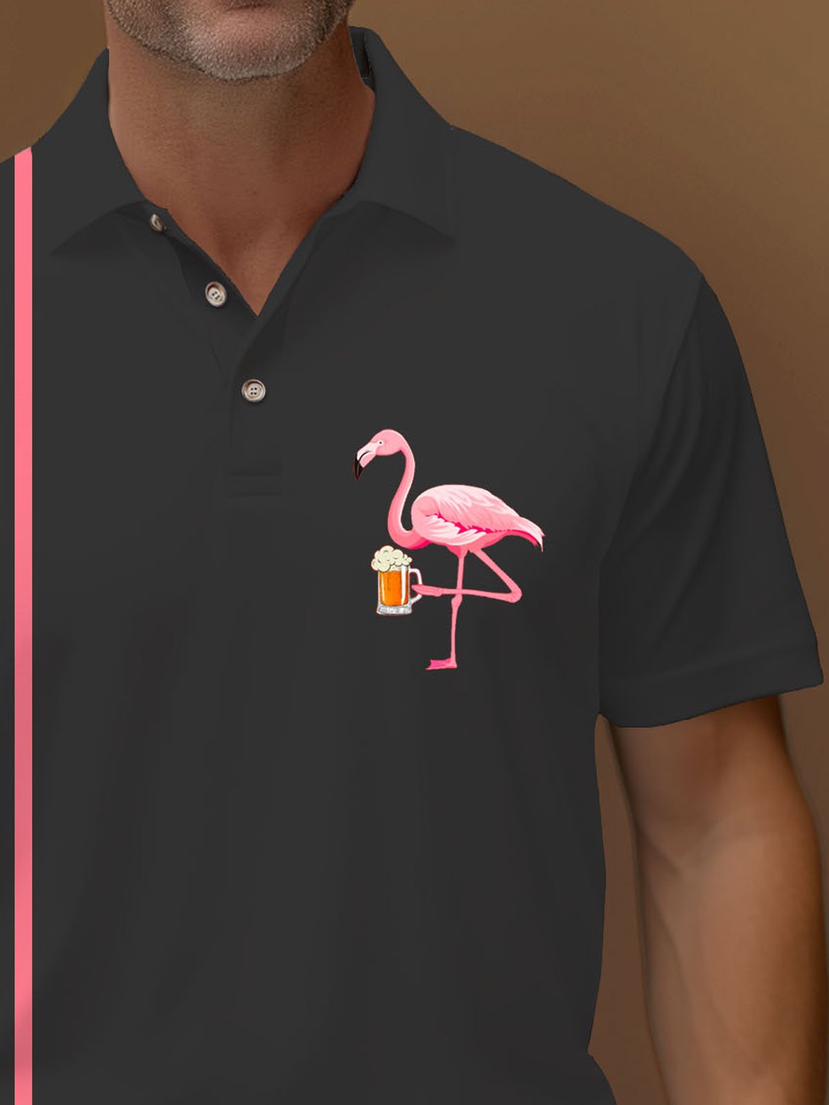 Retro Flamingo Bowling Stripe Print Men's Button Stripe Short Sleeve Polo Shirt