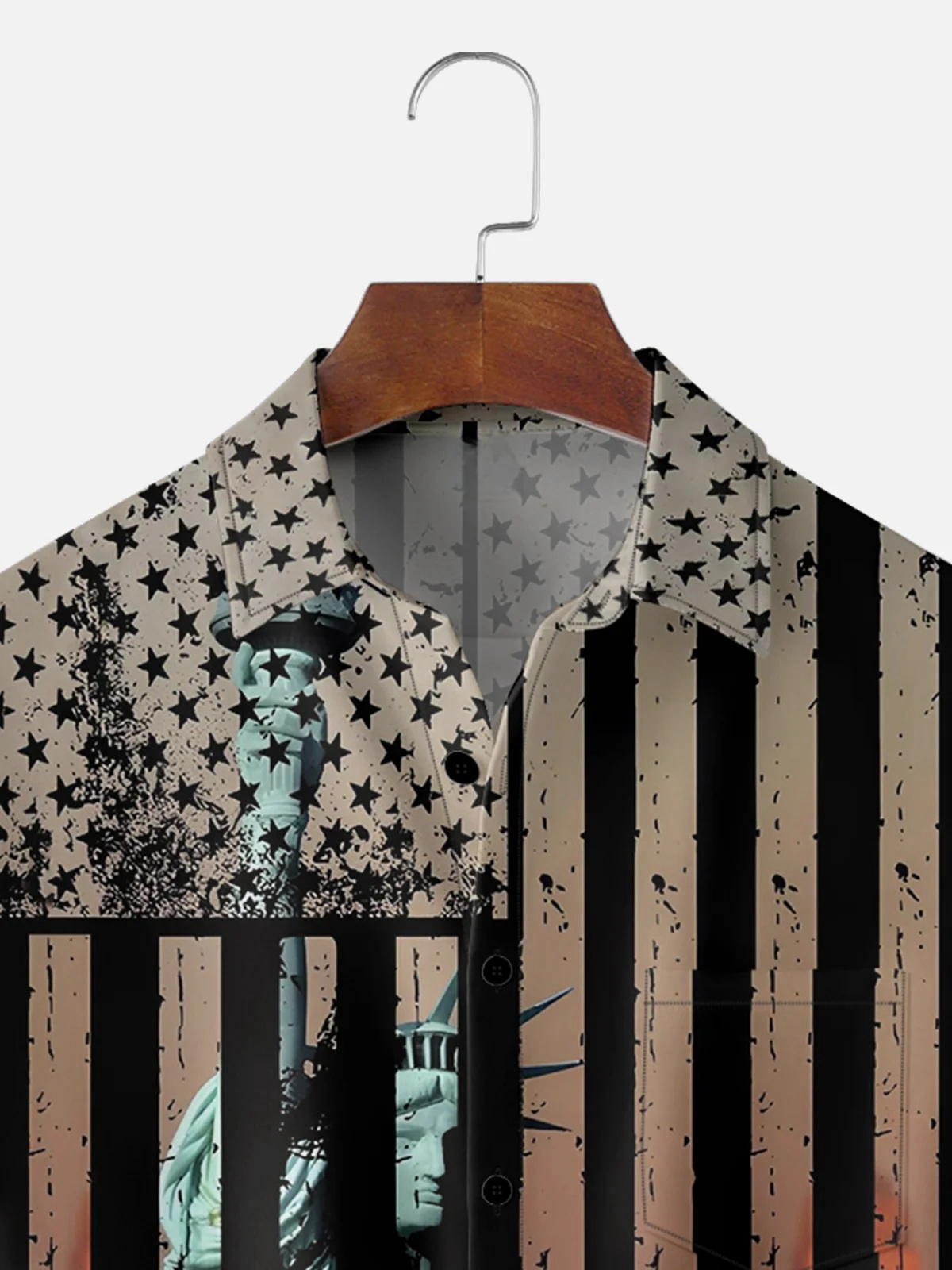 Moisture-wicking Abstract American Flag Lady Liberty Chest Pocket Hawaiian Shirt