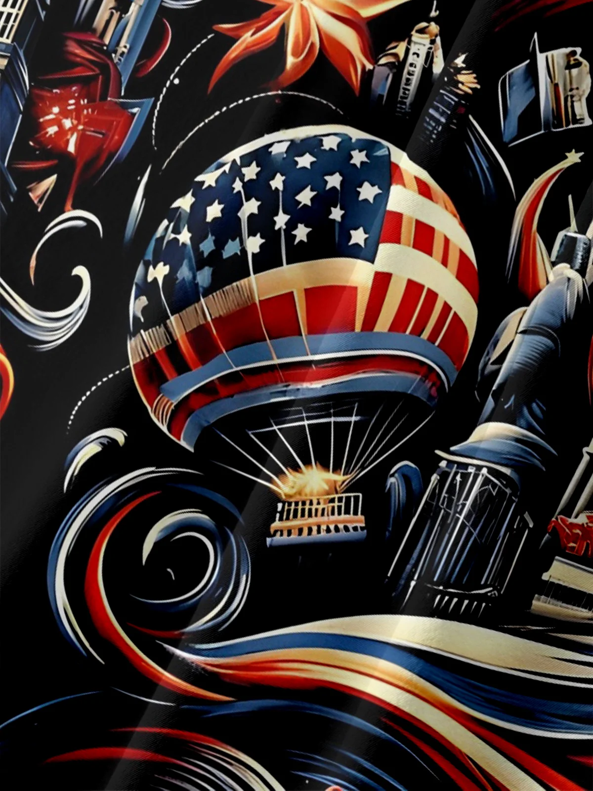 Moisture-wicking Abstract American Flag Fireworks Eagle Statue of Liberty Chest Pocket Hawaiian Shirt