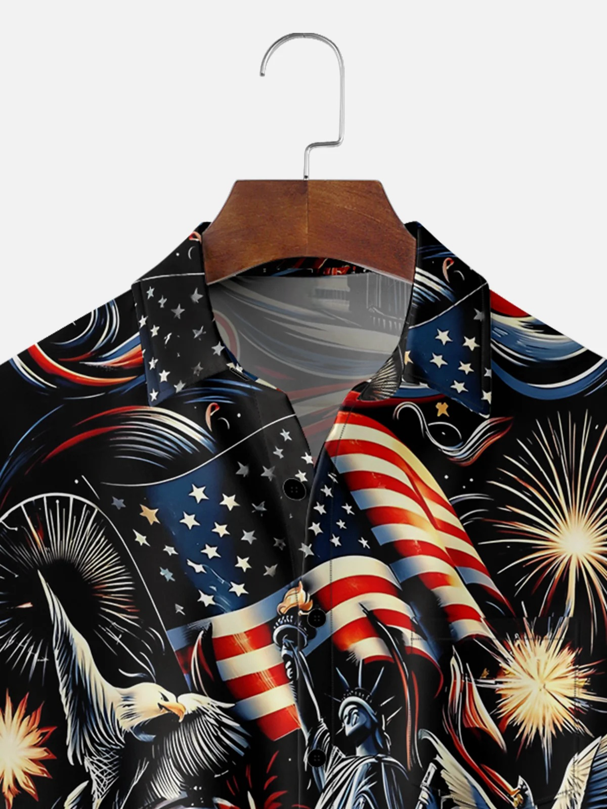 Moisture-wicking Abstract American Flag Fireworks Eagle Statue of Liberty Chest Pocket Hawaiian Shirt