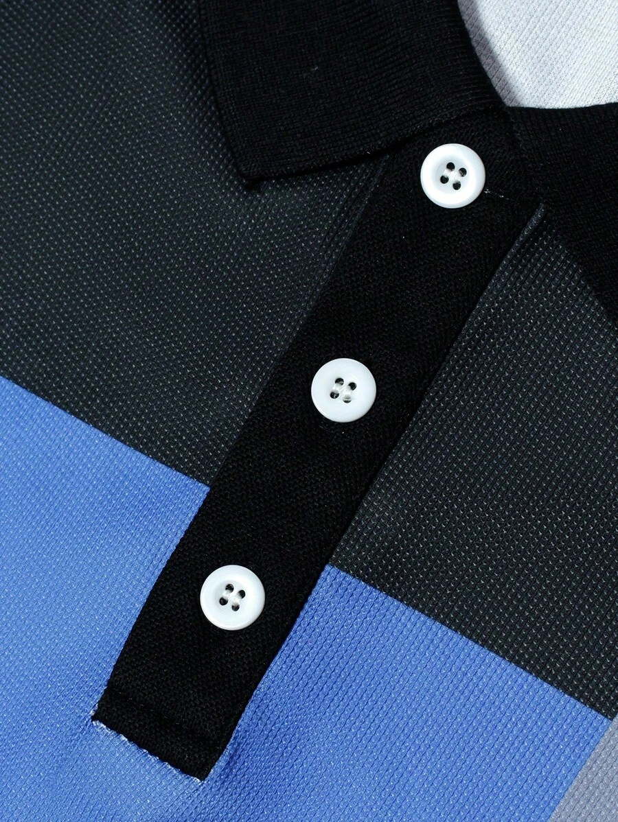 Men Striped Print Colorblock Polo Shirt