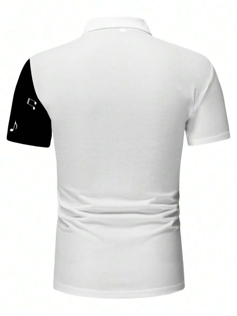 Men Musical Note Print Polo Shirt, Button Up Music Graphic Color Block Vacation Shirt