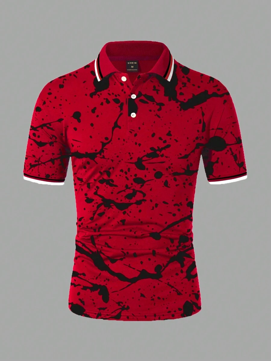 Men Summer Casual Short Sleeved Polo Shirt With Ink Splash Printing Button Up Graphic Polo Shirt For Husband