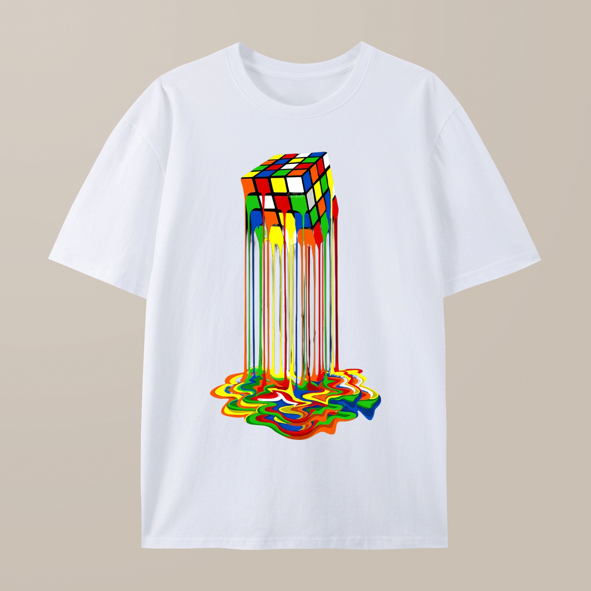 （100% Cotton）Rainbow Abstraction melted rubix cube Geek T-Shirt