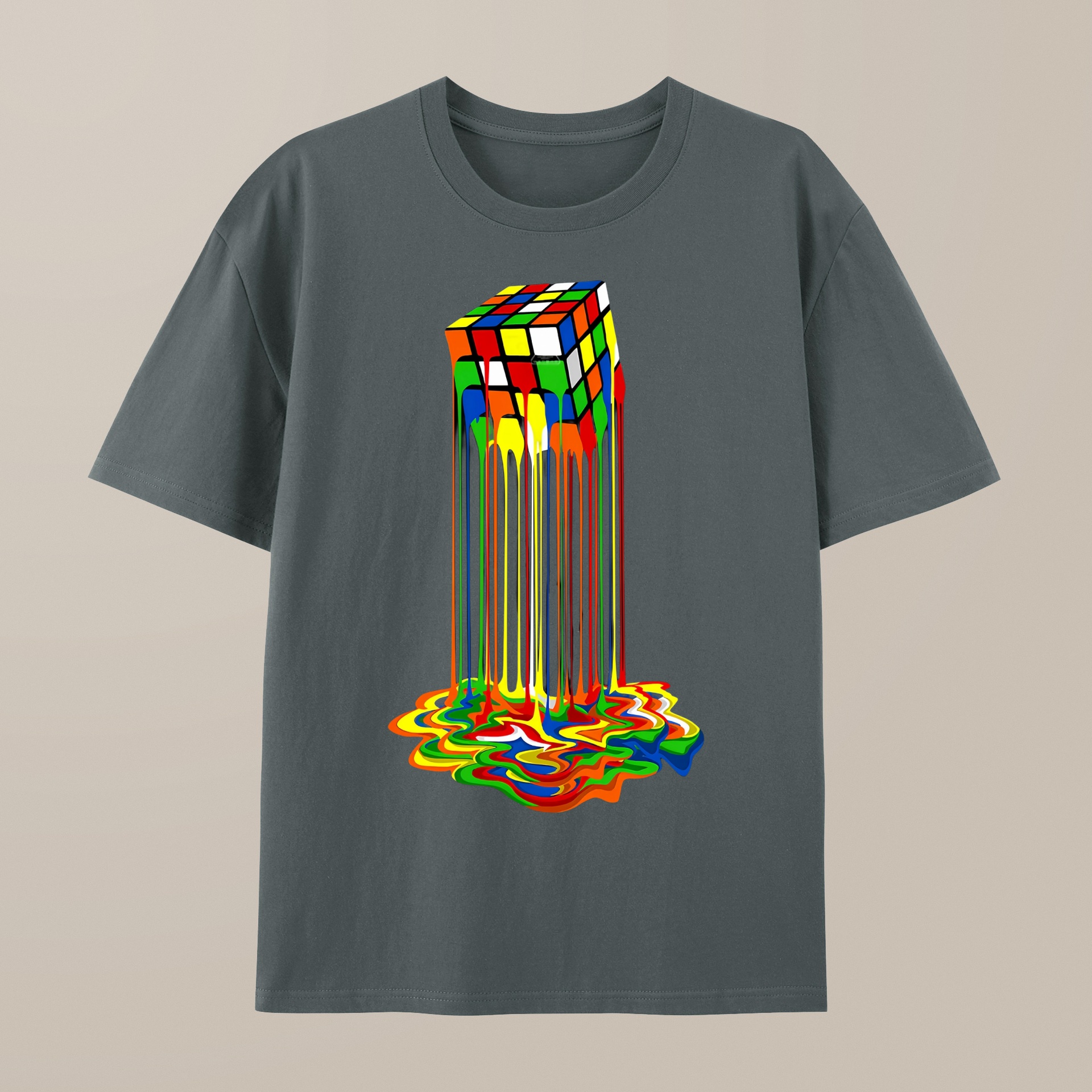 （100% Cotton）Rainbow Abstraction melted rubix cube Geek T-Shirt