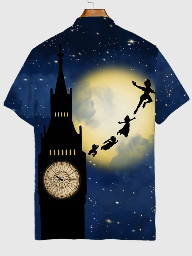 Sci-Fi Cartoon Fairy Tale Magic Boy And Clock Tower Silhouettes Printing Short Sleeve Polo