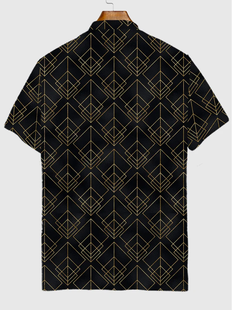 Geometric Pattern Retro Oval Squares Printing Short Sleeve Polo