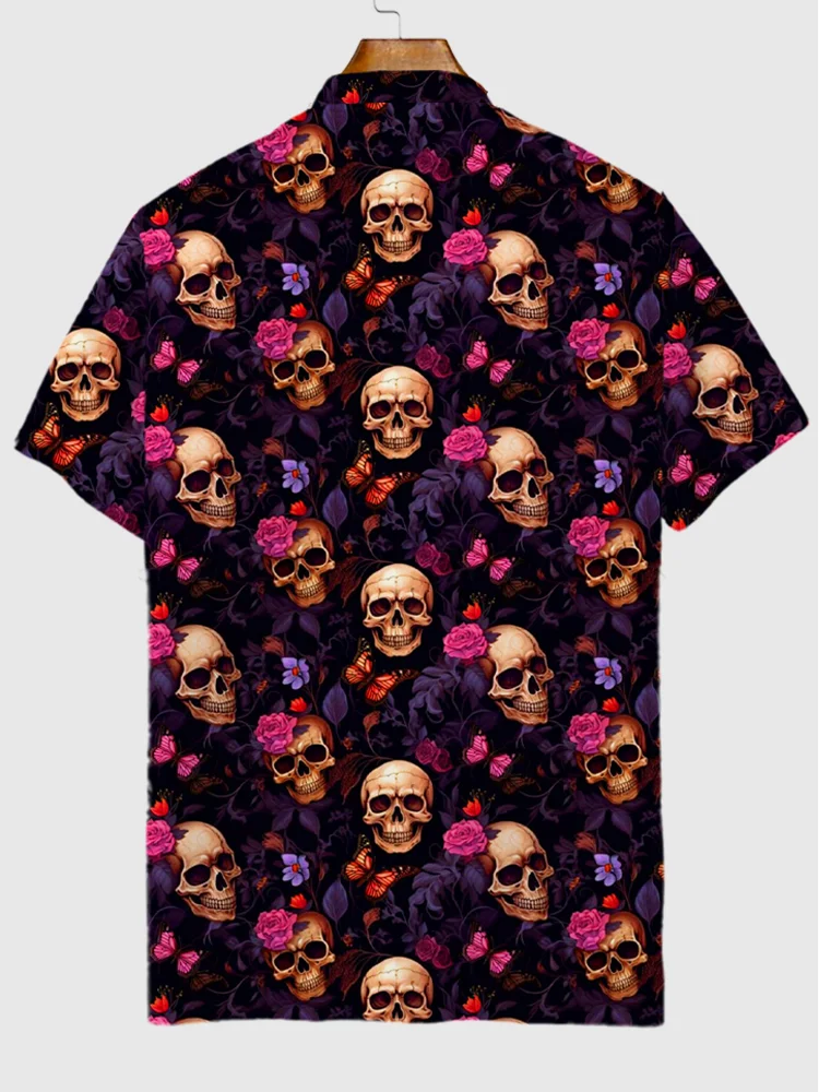 Pink And Purple Roses Dark Style Smiling Skulls Printing Short Sleeve Polo