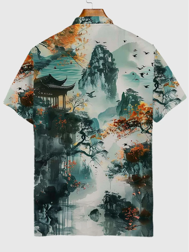 Mysterious Oriental Wonderland Ink Landscape Painting Printing Short Sleeve Polo