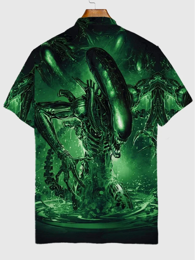 Green Sci-Fi Alien World Alien Creature And Chains Printing Short Sleeve Polo