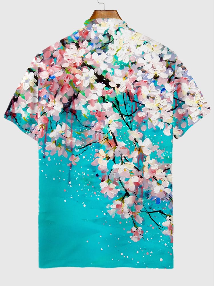 Hawaiian Cherry Blossom Oil Painting Printing Short Sleeve Polo