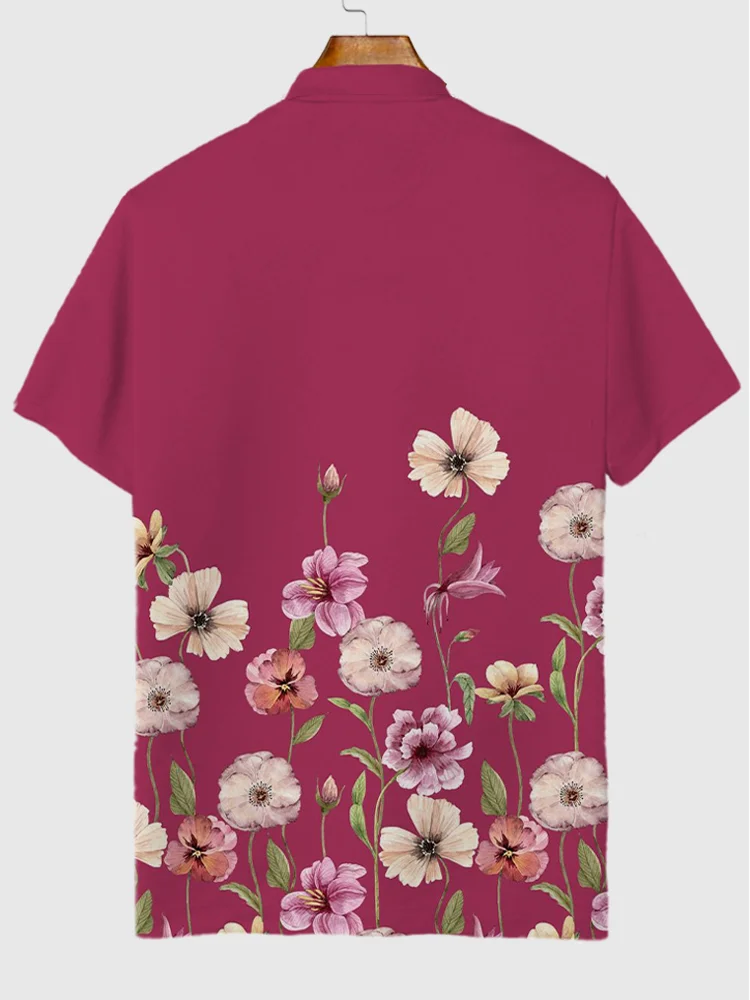 Pink Romantic Classical Floral Printing Short Sleeve Polo