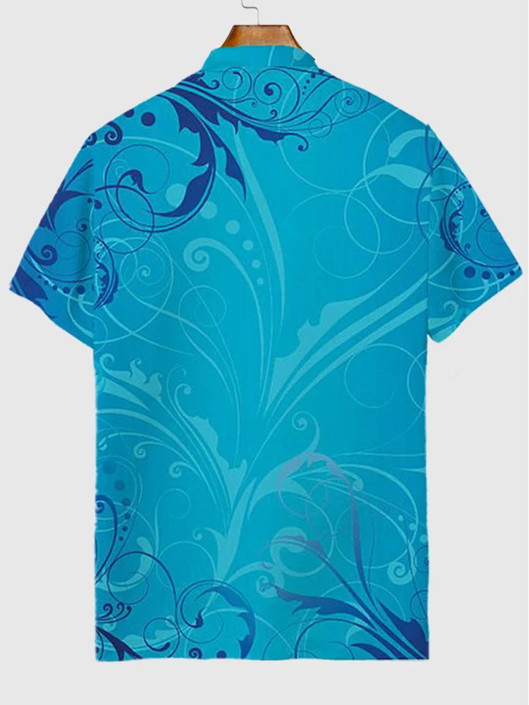 Gradient Blue Abstract Floral Pattern Printing Short Sleeve Polo