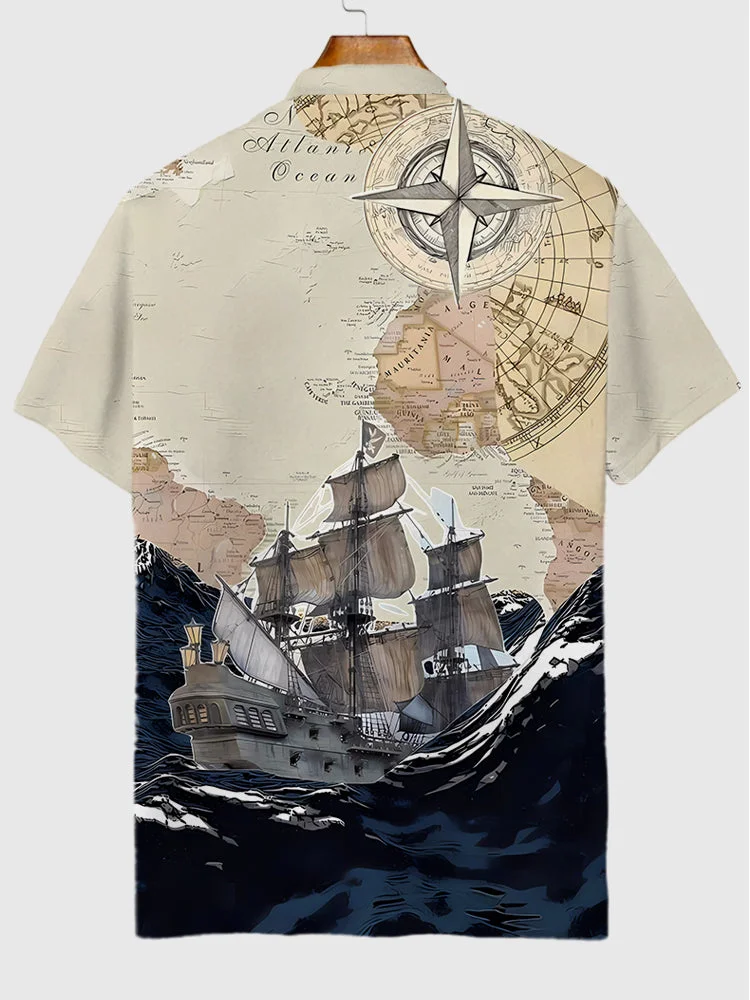Retro Nautical Sailing Boat And Shabby Map Printing Short Sleeve Polo