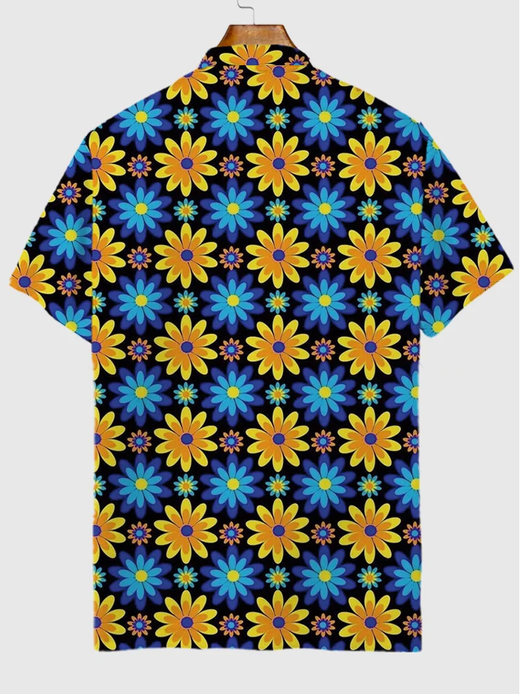 Hawaiian Yellow And Blue Floral Pattern Printing Short Sleeve Polo
