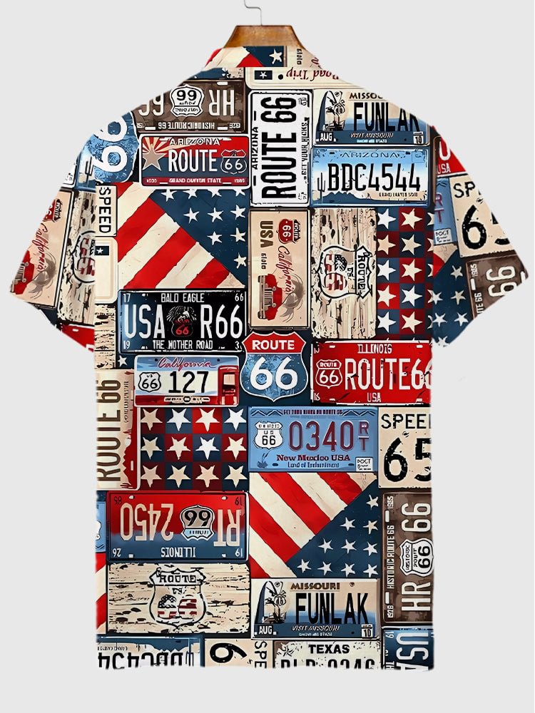 Retro Route 66 And Flag Patchwork Printing Short Sleeve Polo