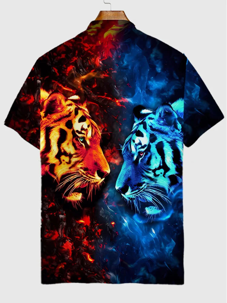 Stunning Style Fire And Ice Tiger Art Painting Printing Short Sleeve Polo