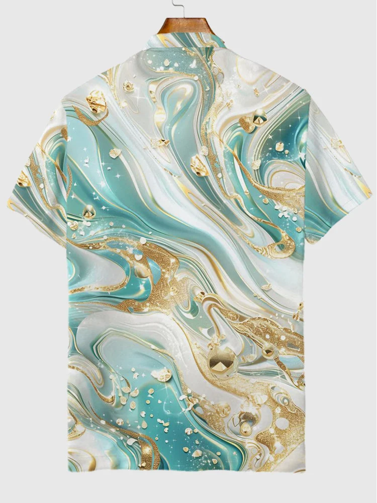 Marble Art Teal And Gold Abstract Textured Pattern Printing Short Sleeve Polo
